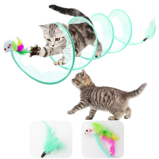 FOWSRHRG Collapsible Cat Tunnel with Feather Mouse Toy – Cyan