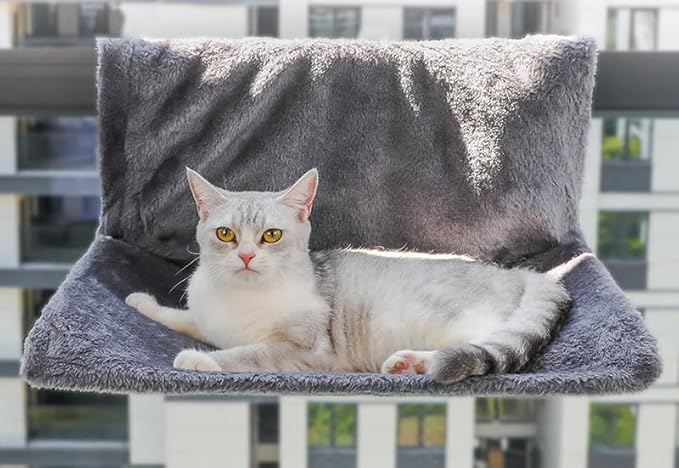 Premium Grey Faux Fur Cat Window Hammock & Perch