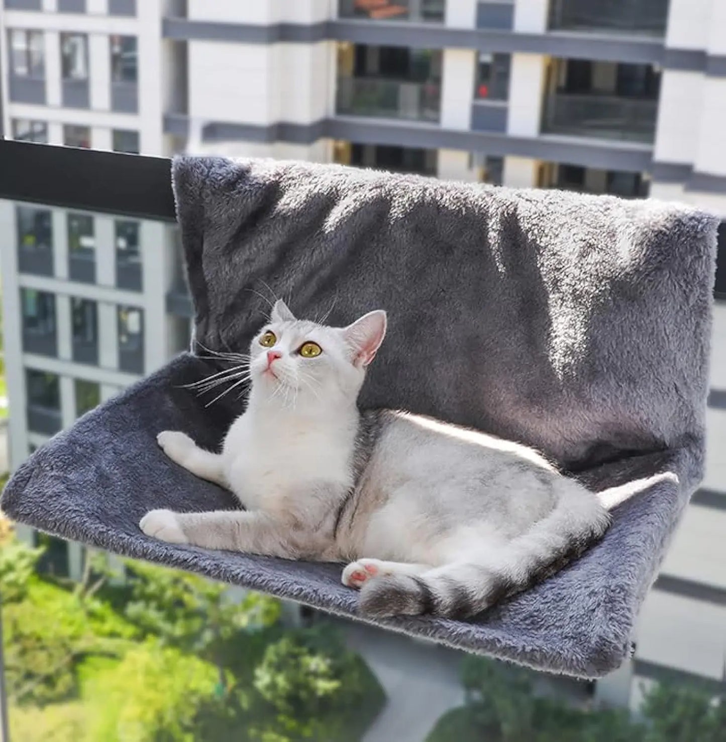 Premium Grey Faux Fur Cat Window Hammock & Perch